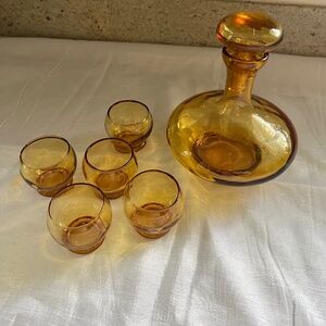 MCM Italian Amber Glass Decanter and 5 Cordial Glasses Vintage Made In Italy